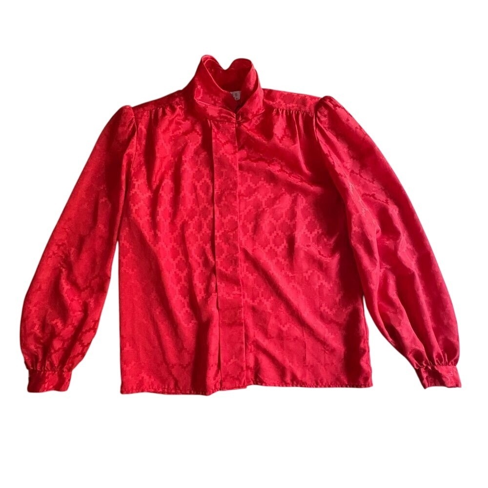 *FREE*w/POP-Up Purchase! VINTAGE Y2K Red Jacquard High Neck Blouse SIZE 12